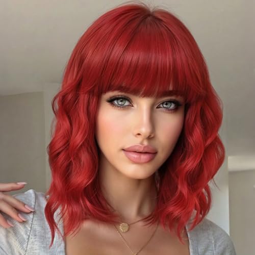 Image of AISI HAIR Red Synthetic Wavy Curly Bob Wig with Bangs Short Wavy Hair for Women Synthetic Heat Resistant Bob Wigs
