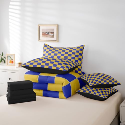 Image of Erosebridal Geometric Plaid Full Bed in A Bag 7 Pcs Yellow Blue Brown Checkerboard Bedding Set for Kids Boys Teen Adults,Checkered Grid Comforter Set with Sheets Modern Aesthetic Bed Set
