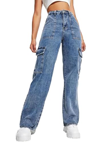 Image of Glossia Fashion High Waist Cargo Denim Jeans for Women Wide Leg Stretchable Straight Fit Jeans(WJ1-1215-$)