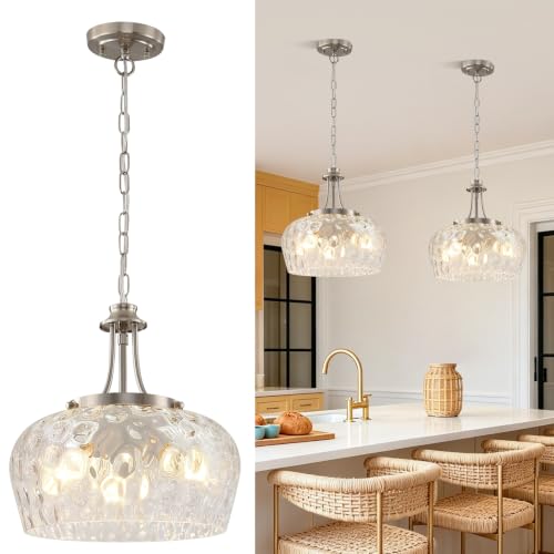 Image of Modern Pendant Lights Kitchen Island, 3-Light Brushed Nickel Pendant Light Fixtures with 14.2 inch Clear Hammered Glass Shade, Hanging Pendant Lights Fixture for Kitchen Island Dining Room Foyer Entryway