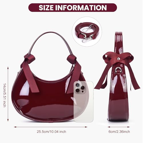 Image of Small Purse for Women Burgundy Clutch Purse Patent Leather Shoulder Handbag | Small Crossbody Purse with Bow Decoration