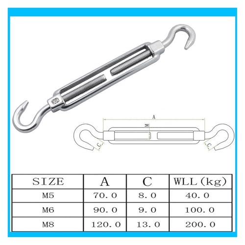 Turnbuckle Gancho Acero Inoxidable 304, 5 piezas, para cable de alambre M5 M6 M8, alta resistencia para vela de sombra y barandales miniatura 2