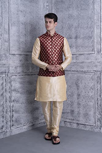 Image of Ethluxis Men's Silk Blend Navy Kurta Pyjama Set with Bundi Nehru Jacket Waistcoat