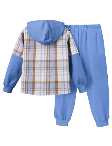 Image of 2Pcs Boys Clothes Sweatsuit Set Hoodie Flannel Plaid Shirt and Jogger Pants for Kids Fall Winter Spring Outfits