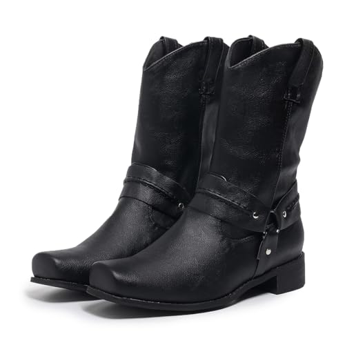 yamerbo Men's Western Cowboy Boots Square Toe Leather Cowboy Boots Classic Retro Pull-On Mid-Calf Biker Work Boots for Men - Main Image