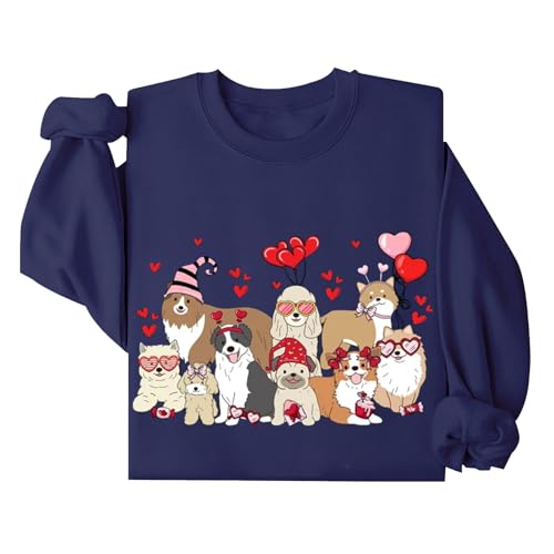 Damtröja alla hjärtans dag blus pullover kvinnors alla hjärtans dag söta djurtryck sweatshirt huvtröja vinterartiklar för kvinnor, Marinblått Xsp, S
