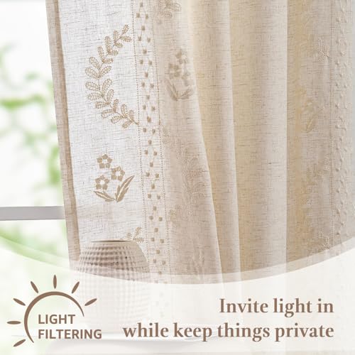 Image of jinchan Ivory Floral Linen Kitchen Tier Curtains 24 Inch, 2 Panels