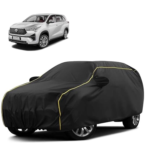 Image of Sulfar 100% Water Resistant Car Body Cover Compatible with Mirror for Toyota Innova Hycross (Triple Stitched, Full Bottom Elastic, Black Tafetta with Yellow Piping)
