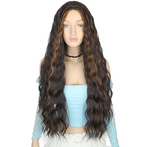 PORSMEER Long Wavy Black & Brown Wigs for Women, Middle Part, Fluffy Curly Wigs, Natural Looking, Synthetic - Image 4