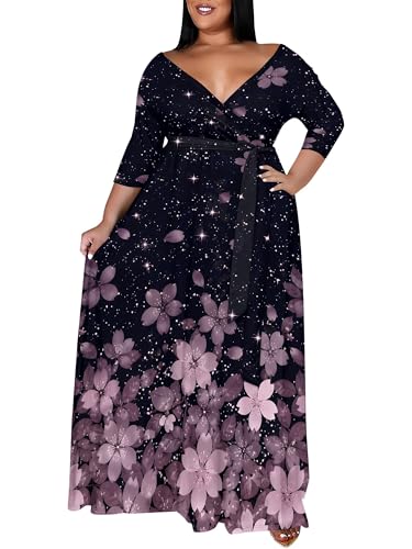 Image of PinkPatty Women's Plus Size Maxi Dress Print 3 /4 Sleeves V Neck Party Sundress Wedding Guest Dresses