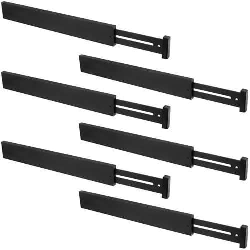 SINJEUN Juego de 6 separadores de cajones ajustables negros, 43-56 cm, divisores de cajones de madera, bambú, organizadores para cocina, baño, dormitorio
