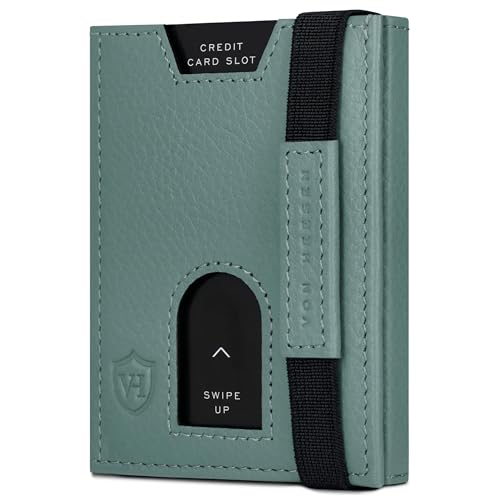 VON HEESEN Slim Wallet mit XL Münzfach & RFID-Schutz - Leder Geldbeutel - Mini Geldbörse für Herren und Damen - Kartenetui Echtleder Karten Portemonnaie klein - Kreditkartenetui Türkis Silver Pine