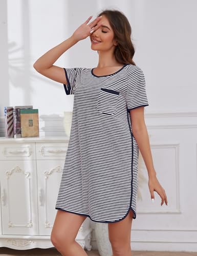 Image of VibeVista Cotton Nightgowns for Women Summers Striped House Dresses Short Sleeve Crew Neck Sleepwear Sleepshirts Sleep Dress