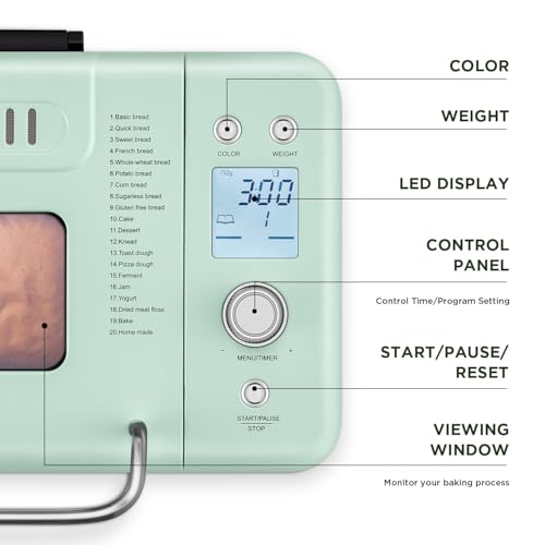 Neretva 20-IN-1 Bread Maker, Dual Heater 2LB Bread Machine Stainless Steel Bread Maker Machine Nonstick Ceramic Pan Compact for Gluten Free/Sourdough/Whole Wheat Bread/Yogurt, Breadmaker-Light Green