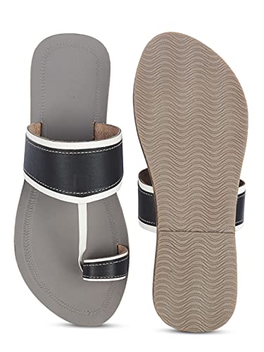 KORAKARI Men's Regular Wear Kolhapuri Chappal handmade Leather Grey Base White Blue Upper Smooth and Stylish Durable Comfortable Flip Flops Anti Slip Design slippers Traditional Indian Footwear