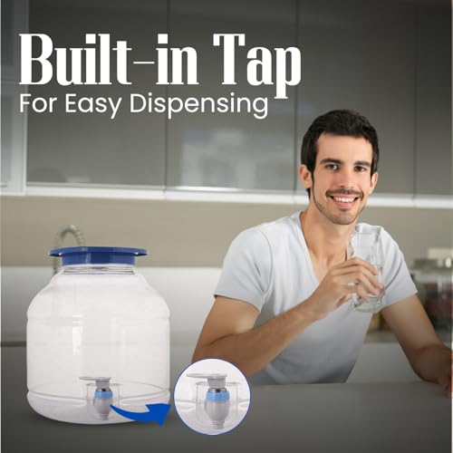 Image of Plastic Water Dispenser with Tap and 6 Glasses, Storage Container Jar Bottle Can (10 Litre, Transparent), White