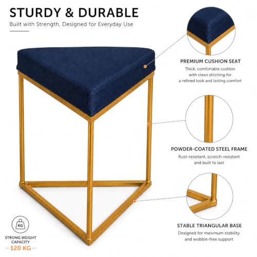 Image of Modern Velvet Triangular Vanity Stool with Gold Metal Frame | Upholstered Makeup Chair for Dressing Table | Accent Seating for Bedroom, Living Room & Home Decor-Navy Blue