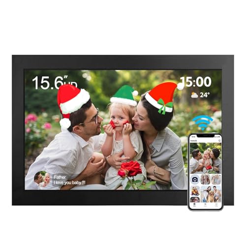 Marco de Fotos Digital - 15.6 Pulgadas WiFi Marco Digital de Fotos, 32GB Pantalla Táctil IPS HD Rotación Auto Digital Photo Frame,Comparte Fotos o Videos a Través de la Aplicación Primer día