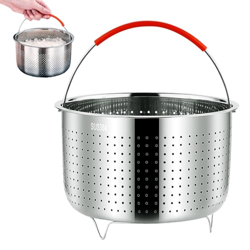 Cesta de Vapor Acero Inoxidable 304, OD 21,6cm, Cesto Accesorio para Cocción, Forro de Acero Inoxidable para Vaporera con Mango de Silicona, para Cocinas y Comedores, 6L