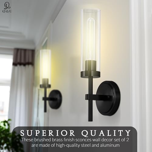 Image of Q&U Black & Gold Hardwired Wall Sconces Set of 2 - Modern Bathroom Vanity Light Fixtures, Farmhouse Wall Mount Lamps for Mirror, Living Room, Bedroom, and Hallway