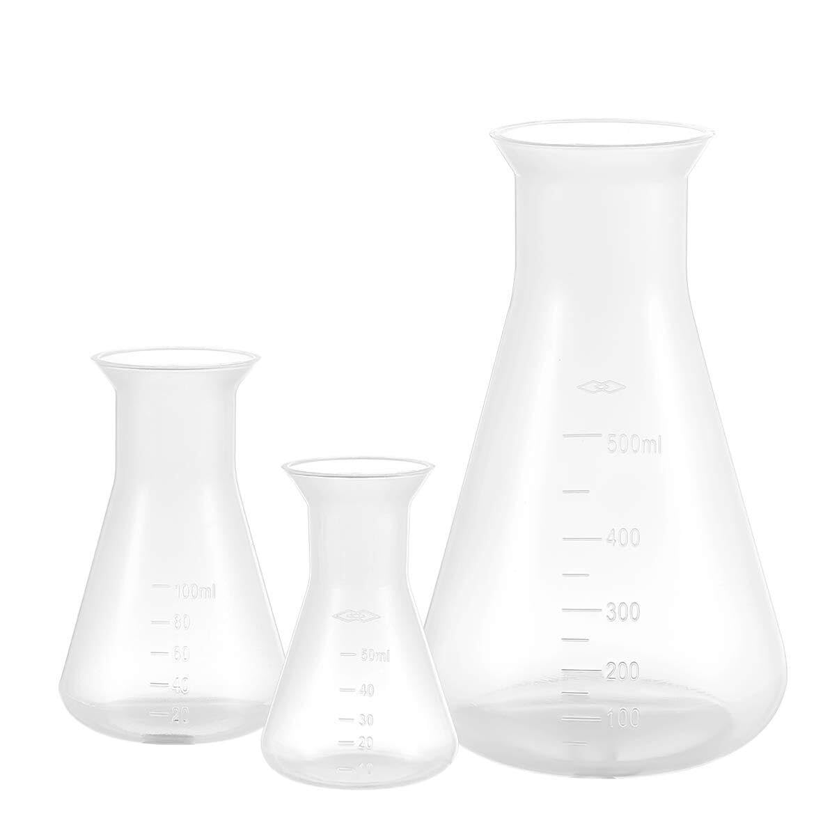 Juego de Matraces de Erlenmeyer - 3 piezas de Plástico para Laboratorio y Educación - 50ml, 100ml, 500ml