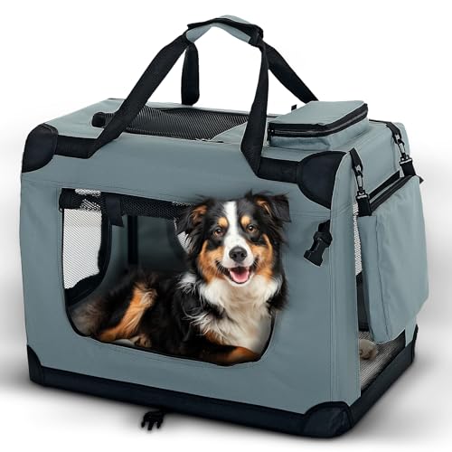 PET VIOLET Faltbare Hundetransportbox Auto – Premium Hundebox für stressfreies Reisen mit Hund & Katze – Stabil, Belüftet & Waschbar, Grau (70×52×50 cm)