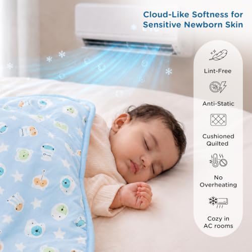 Image of Mee Mee 100% Soft Cotton Hooded Baby Wrapper Cum Warmer, Blanket with Hood for Newborn Baby 0 to 6 Months (Blue & Bunny Print)