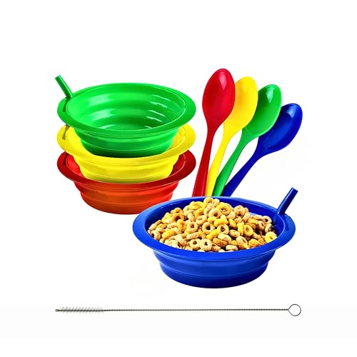 Image of Green Direct Sippy Bowl With Straw and Spoons | 22 Ounce Plastic Cereal Bowls With Straws BPA Free Assorted Color | Built-in Straw Bowl Blue Red Green Yellow Pack of 4