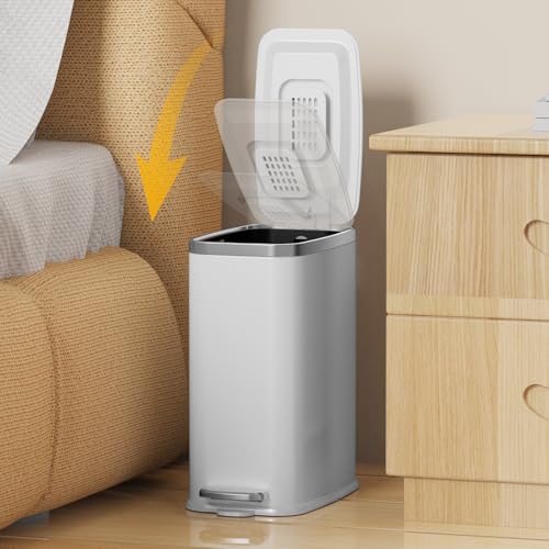 Image of KdbK Stainless Steel Bathroom Trash Can with Lid Soft Close,1.6 Gallon Slim Garbage can,Small Metal Step Wastebasket for Office, Bedroom, Toilet, White