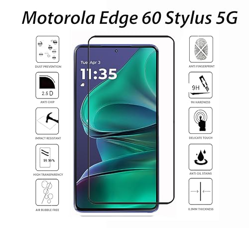 Image of Tempered Glass Screen Protector Compatible For Motorola Edge 60 Stylus 5G /Moto Edge 60 Stylus 5G Black Cellphone With Edge To Edge Coverage And Easy Installation Kit