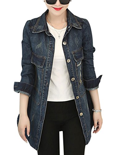 Yeokou Women's Casual Button Down Lapel Collar Mid-Long Denim Jacket Trench Coat (Large, Dark Denim Blue)