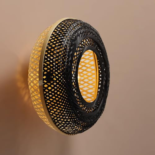 Image of Habere India-All the Cultures Fabricating India Wall Lamps for Living Room Decoration | Bedroom Lights for Walls | Lamps for Living Room | Bamboo Wall Lamp - Round (M: 41 * 41 * 17 cm)