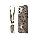 Guess Funda para iPhone 16 – Carcasa con MagSafe Marrón con Logo 4G de Strass y Correa Ancha, Diseño Elegante y Ajuste Preciso