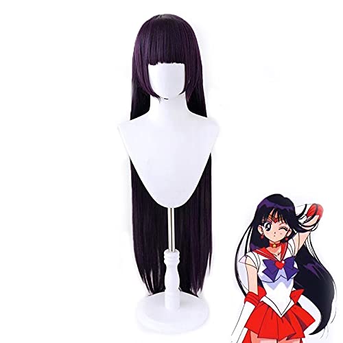 FYBHD Cosplay Sailor Moon Sailor Mars Rei Hino 100 cm Lange gerade dunkle lila Hitzebeständige synthetische Haarsplay Kostüm Perücke + Perücke Kappe Für Party Cover