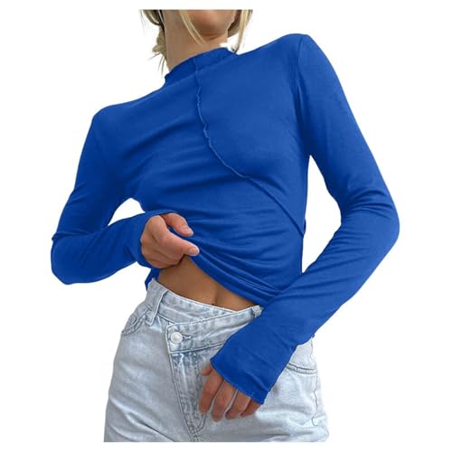 Camiseta de manga larga para mujer, cuello alto, con línea de separación inversa, azul, L