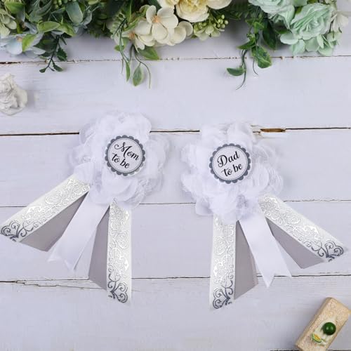 Image of Gray and White Gender Reveal Maternity Sash Kit, Sliver White Baby Shower Belly Belt and Mom to Be Dad to Be Corsage Pins, New Parents Pregnancy Announcement Photo Props Party Supplies