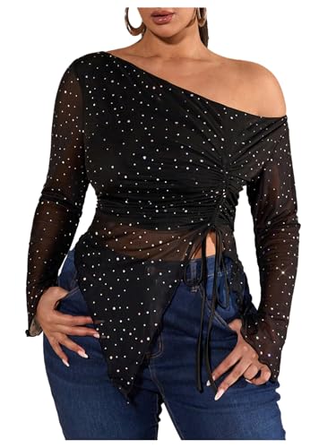 RoseSeek Women's Plus Size Sheer Mesh Off Shoulder Tops Long Sleeve Drawstring Asymmetrical Hem Ruched T Shirt Bling Black X-Large Plus