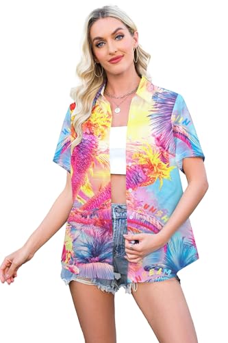 Image of Hawaiian Shirt Floral Tropical Print Tee Hawaii Shirts Aloha Beach Tee Cute Vcation Button Up Blouse