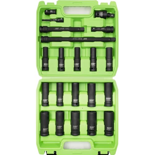 Image of SUNHZMCKP 1 /2 inch Socket Set, 21pcs Drive Deep Impact Socket Set, 6 Point Standard Metric Sockets (10mm - 24mm), Including 3 inch, 6 inch, 10 inch Impact Extension Bar and Drill Socket Adapter, Cr-MO