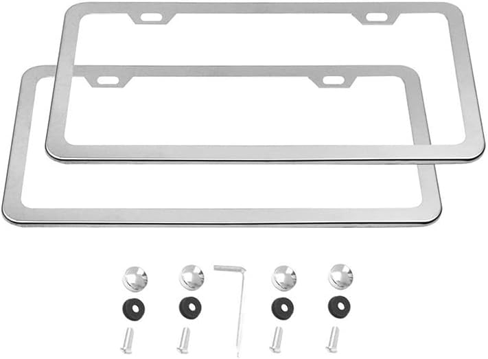 2 PCS Thick Aluminum Alloy Polish Mirror License Plate Frames, Slim Car Licence Plate Holder Covers with Bolts, Washers and Screw Caps for US Standard (2 Holes Slim Silver)