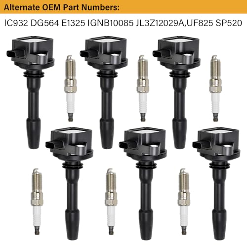 Image of Set of 6 UF825 Ignition Coil Pack Compatible with Ford Explorer 3.3L 2020, Ford F-150 /Police Interceptor Utility, Ford Transit-150 /250 /350 /350HD 3.3L 3.5L 2020 2021 Spark Plugs# JL3Z-12029-A, DG564