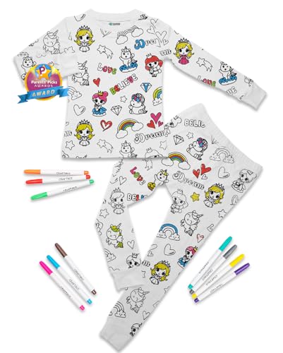 Craftikit Coloring Pajamas for Kids with Markers - Princess & Unicorn Soft Stretchy Bamboo Viscose 2-Piece Unisex PJs Set Color Your Own Pajamas