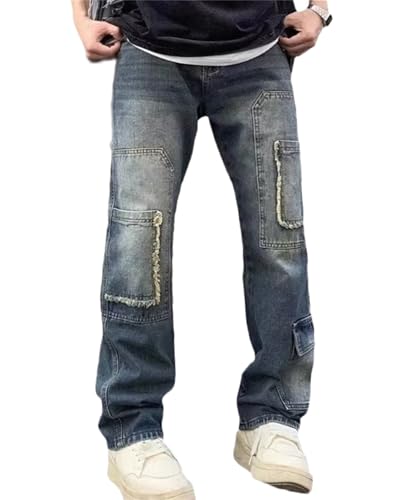 Men's Loose Fit Motorcycle Multi-Pockets Workwear Denim Cargo Jeans Baggy Straight Fit Wide Leg Pants