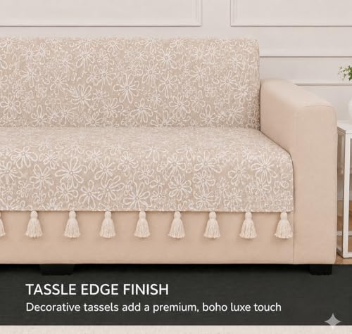 Image of STITCHNEST 'Verdant Phool Stories' 2 Seater Sofa Cover - Full Coverage| Elegant Jacquard Fabric, Decorative Tassels, Washable & Durable for Modern Living