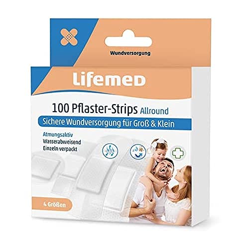 Lifemed Pacote prático grande de 100 tiras de pensos semi-transparentes, 4 tamanhos, impermeável, 3 unidades (3 x 1 peça)