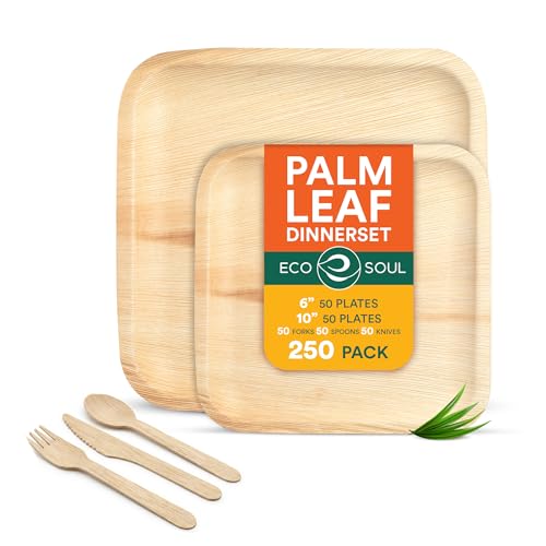 ECO SOUL 100% kompostierbares Palmblatt-Geschirrset – Runde Teller 10″ & 6″ (je 50 Stück) inkl. Gabel, Messer & Löffel (je 50 Stück), nachhaltig & umweltfreundlich
