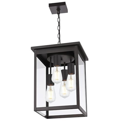 TODOLUZ 4-Light Large Outdoor Pendant Light Fixtures in Oil Rubbed Bronze, Adjustable Height Porch Hanging Lighting for Yard Entryway Patio, E26 Base Exterior Ceiling Lantern