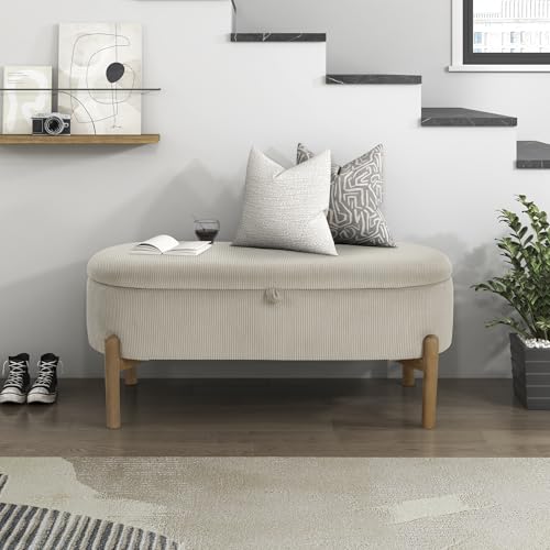 Lexicon Lift Top Storage Bench, Corduroy Upholstered Oval Entryway Bench with Solid Wood Leg Support, Modern Striped Storage Chest for Entryway/Living Room/Bedroom, Taupe