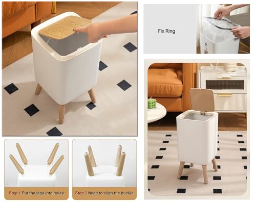 Image of Kriva Modern Plastic Dustbin with Lid | Stylish Indoor Trash Can for Living Room, Bedroom, Kitchen & Office | Compact Waste Bin with Push Button (Beige)