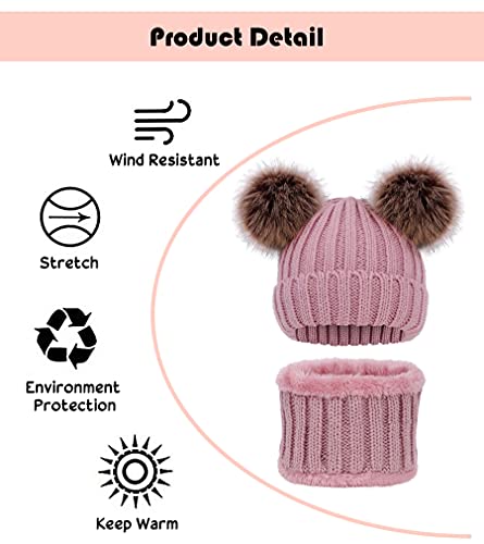 Simplicity Toddler Pom Pom Beanie Girls Winter Hat And Scarf Set Kids Children Fleece Lined Kids Beanie Knit Pom Pom Beanie Cap And Circle Scarf Set, Pink #TOP3